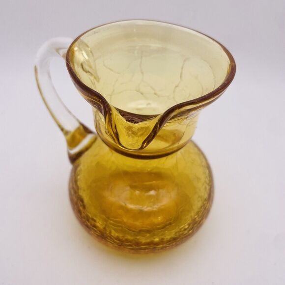 Vintage Crackle Glass Mini Pitcher Hand Blown Yellow Amber Applied Clear Handle - Picture 4 of 5